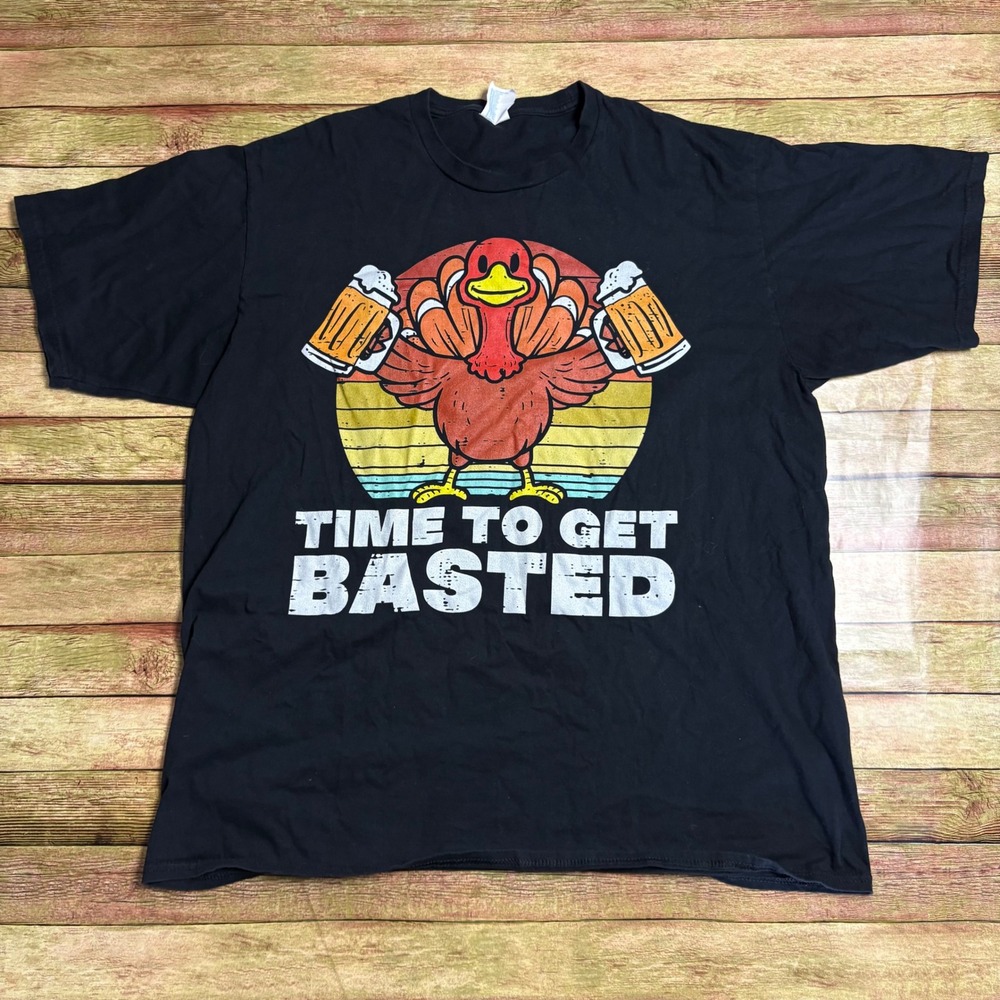 Port & Company Time To Get Basted Turkey Beer Thanksgiving Shirt Mens XL Black